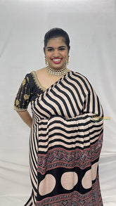 Vriksham Black & Cream Striped Print Ajrakh Modal Silk Saree-VS4445